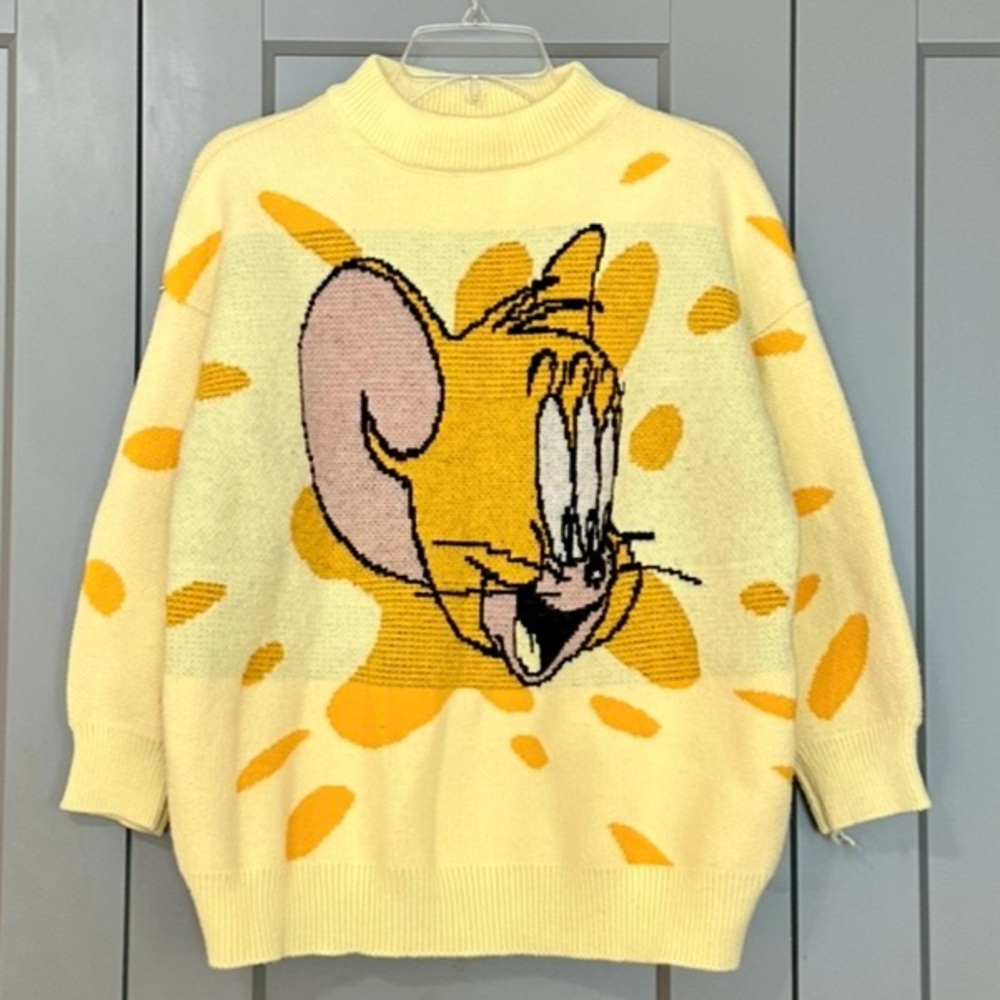 Vintage Tom & Jerry Sweater Splatter Background Yellow Unbranded Unisex  Large